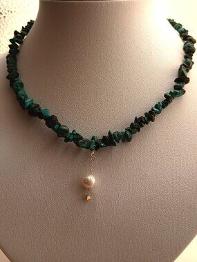 Raw Turquoise and Pearl Pendant Boho Minimalist Short Necklace